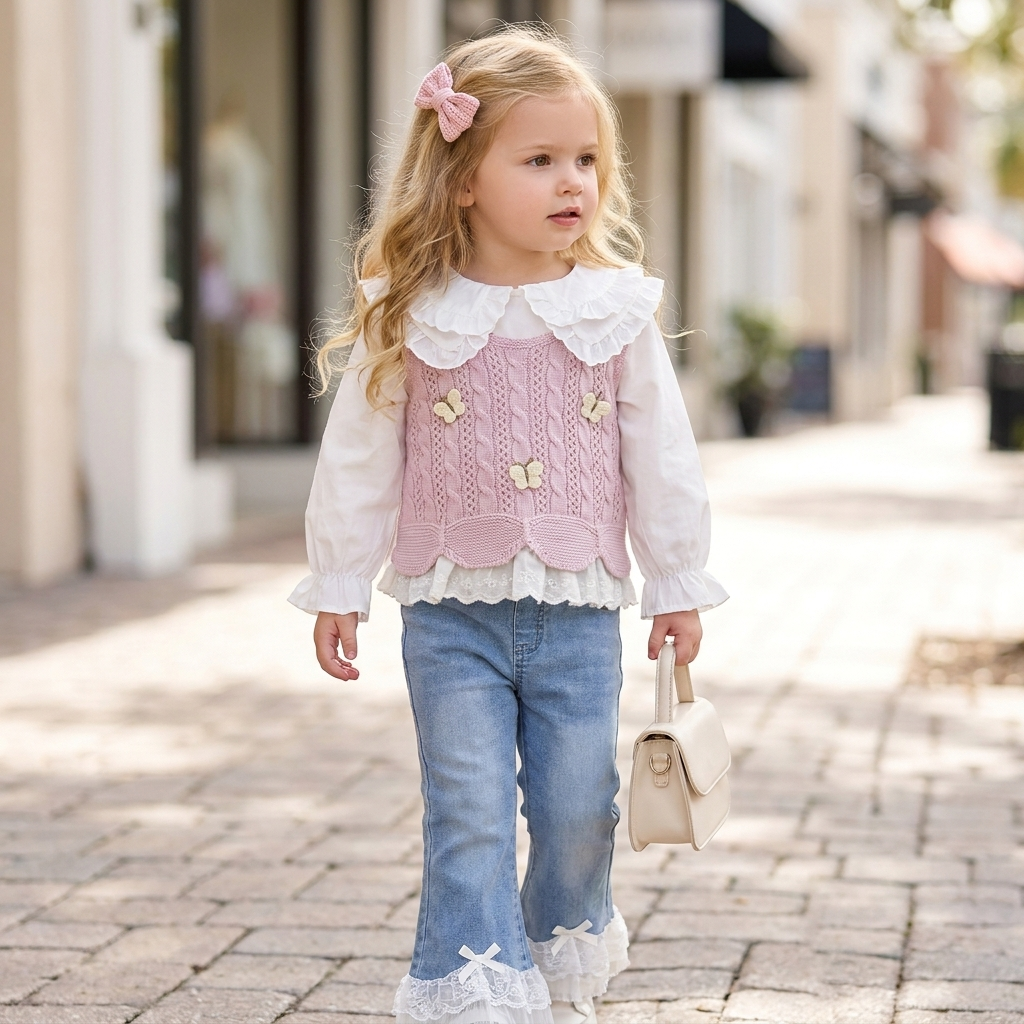 Girls 3PC Lace Knit Sweater, Shirt & Denim Pants Set – 3 Colors | Faba Kids