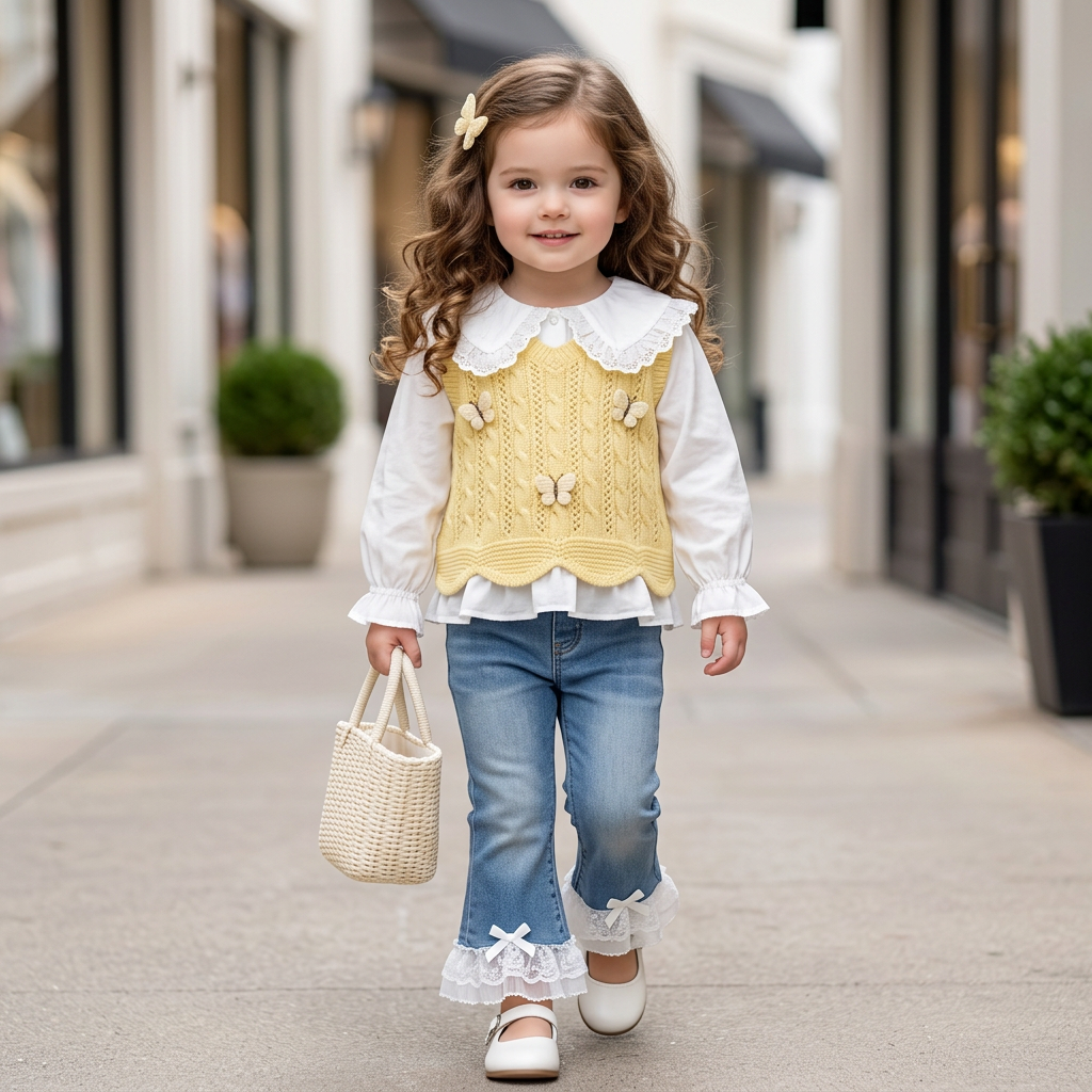 Girls 3PC Lace Knit Sweater, Shirt & Denim Pants Set – 3 Colors | Faba Kids