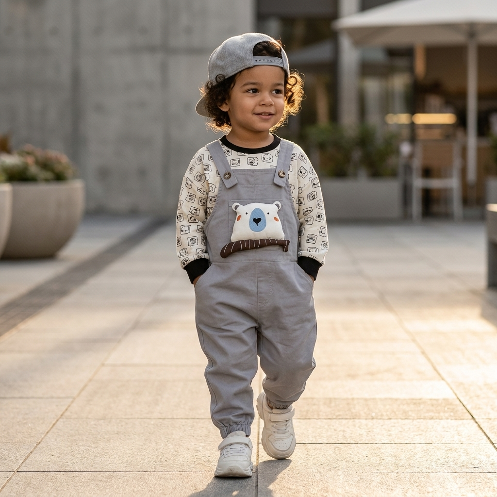 Boys 2PC Bear Dungaree & Printed Shirt Set – 3 Colors | Faba Kids