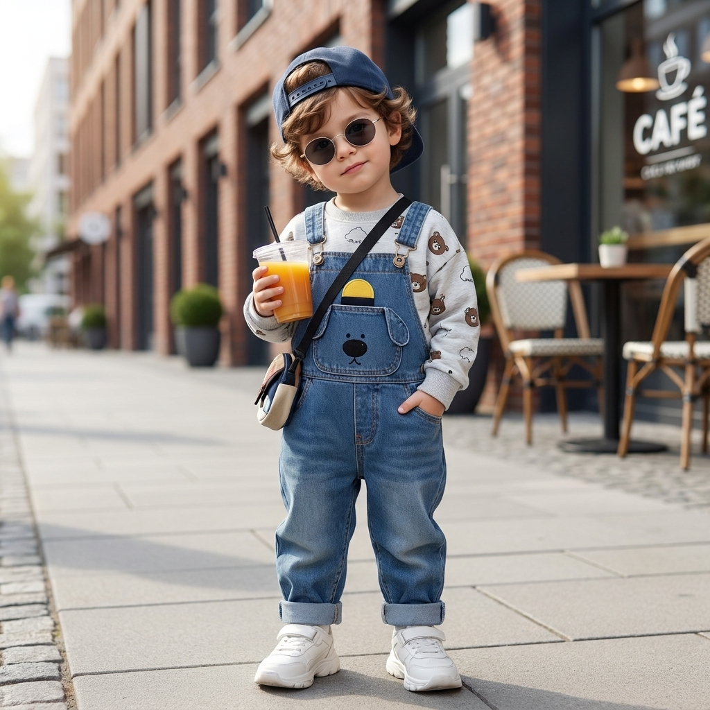 Boys 2PC Bear Denim Dungaree & Printed Shirt Set – 3 Colors | Faba Kids