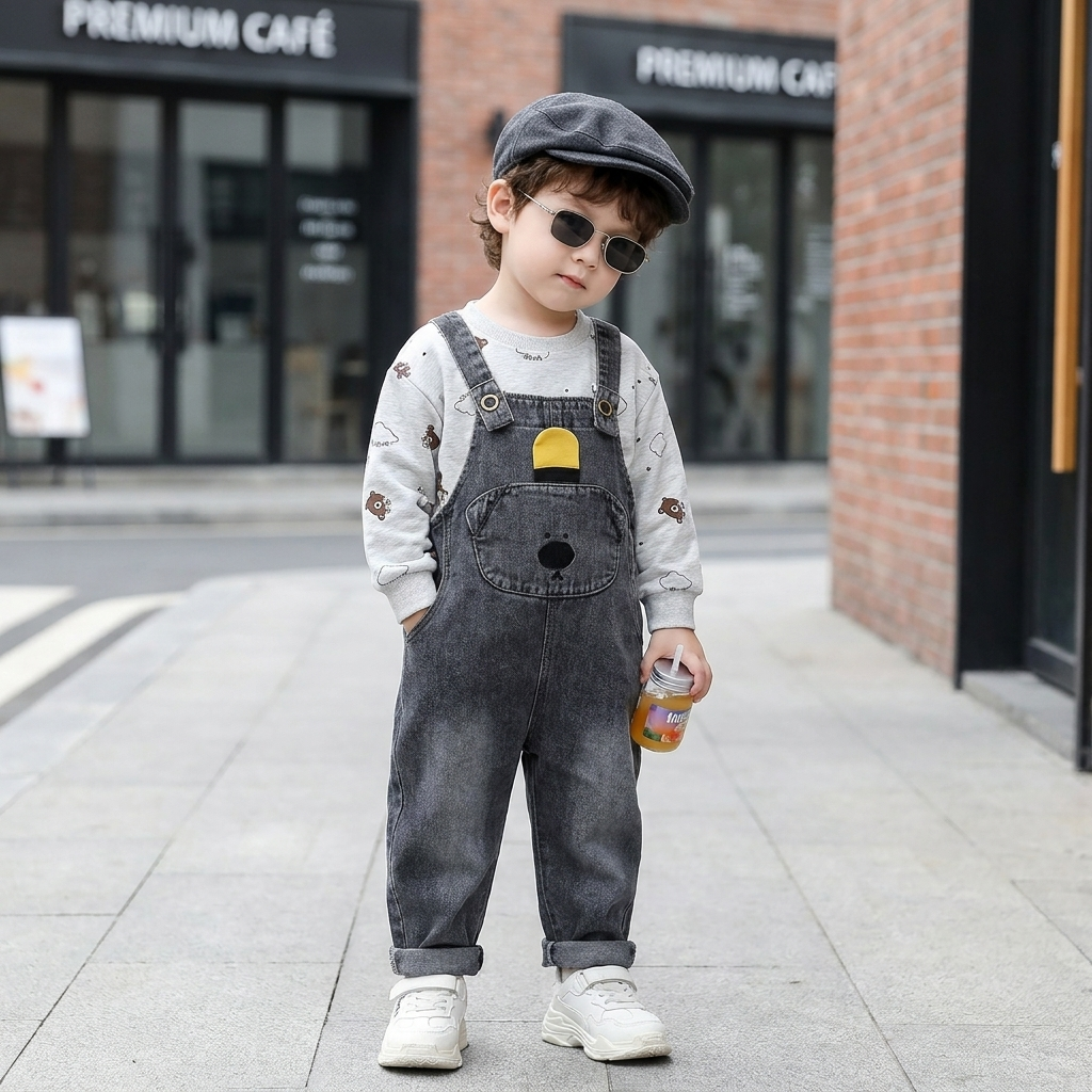 Boys 2PC Bear Denim Dungaree & Printed Shirt Set – 3 Colors | Faba Kids