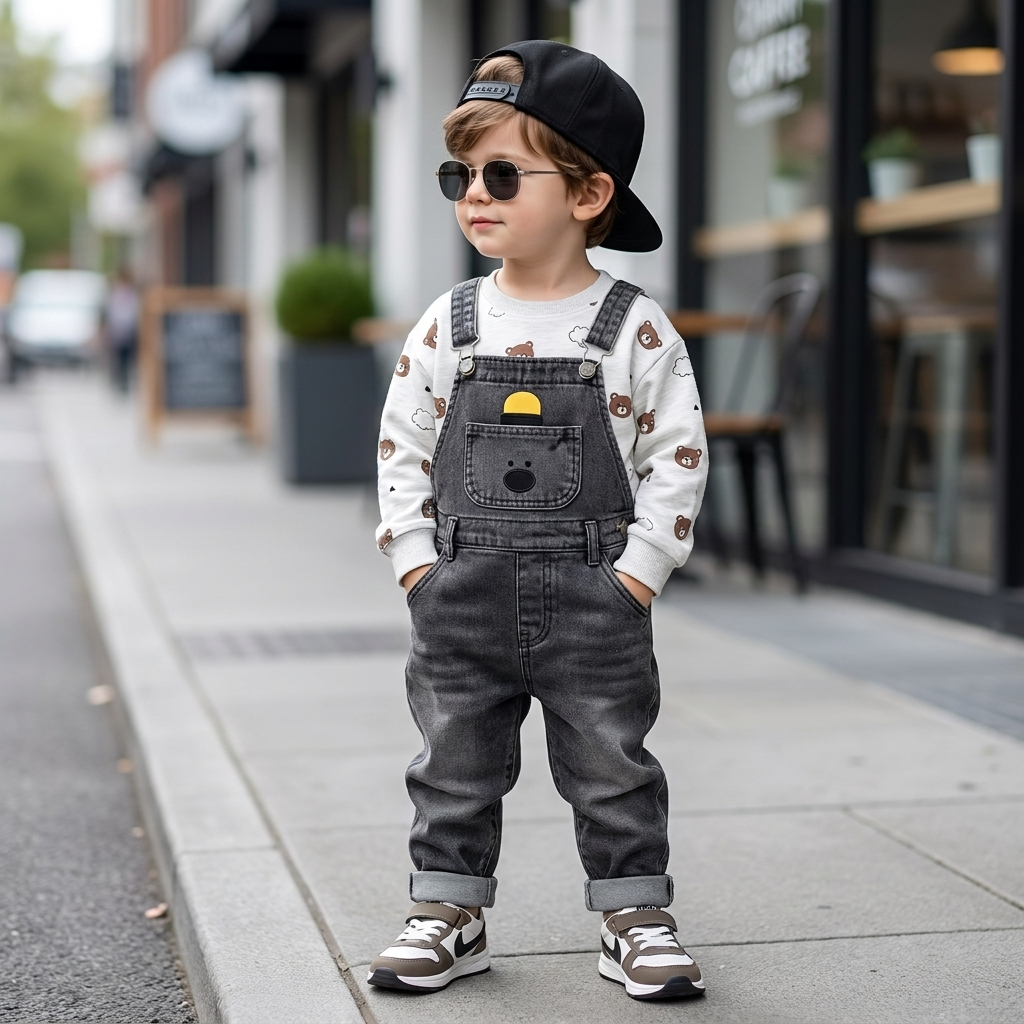 Boys 2PC Bear Denim Dungaree & Printed Shirt Set – 3 Colors | Faba Kids