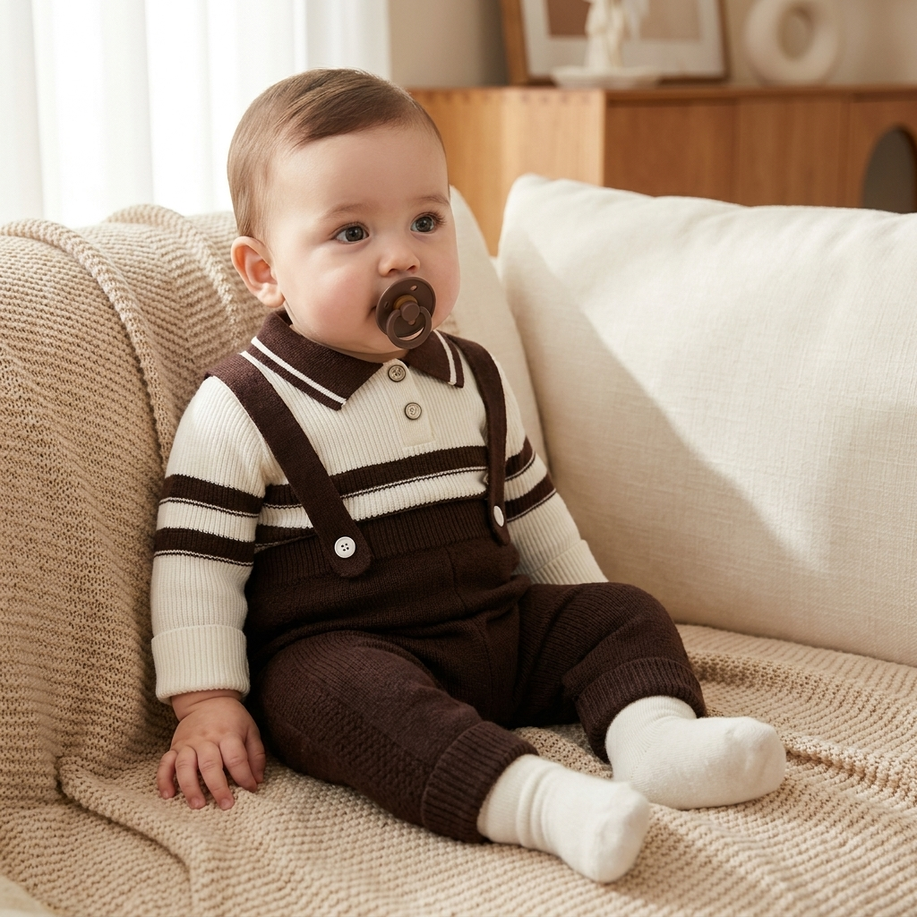 Boys 2PC Knitted Dungaree & Striped Polo Shirt Set – 3 Colors | Faba Kids