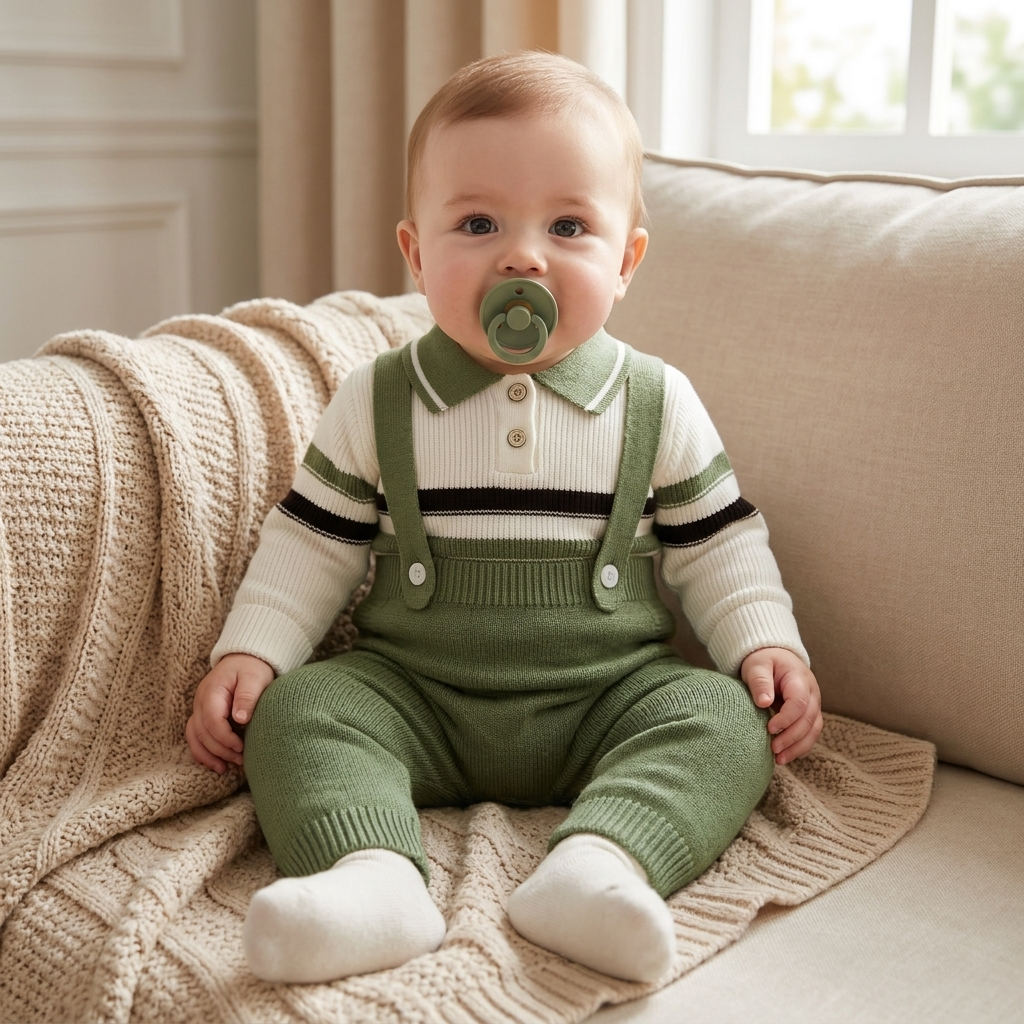 Boys 2PC Knitted Dungaree & Striped Polo Shirt Set – 3 Colors | Faba Kids