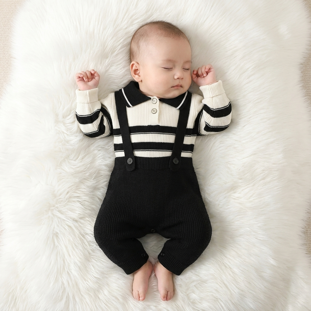 Boys 2PC Knitted Dungaree & Striped Polo Shirt Set – 3 Colors | Faba Kids