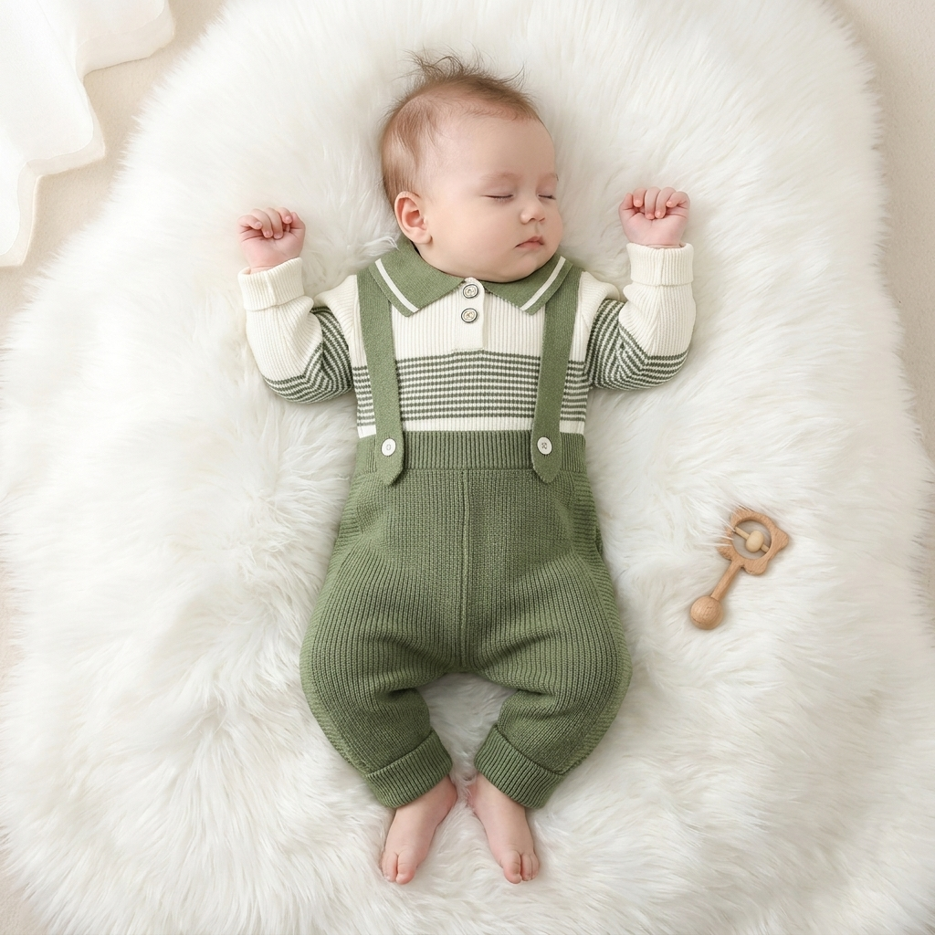 Boys 2PC Knitted Dungaree & Striped Polo Shirt Set – 3 Colors | Faba Kids