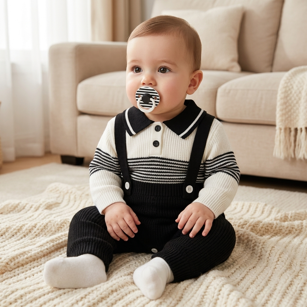 Boys 2PC Knitted Dungaree & Striped Polo Shirt Set – 3 Colors | Faba Kids