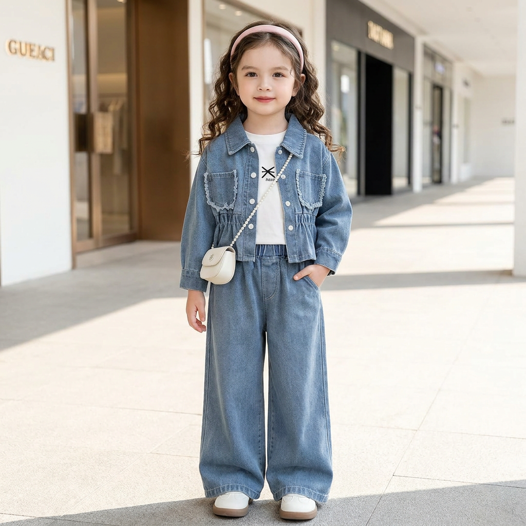 Girls 4-Piece Denim Style Outfit with Bag