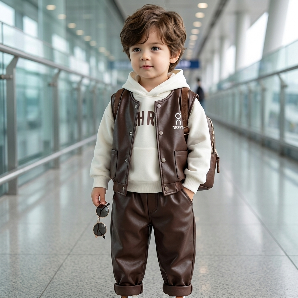 Kids 3-Piece Faux Leather Vest, Hoodie & Trouser Set – 2 Colors | Faba Kids