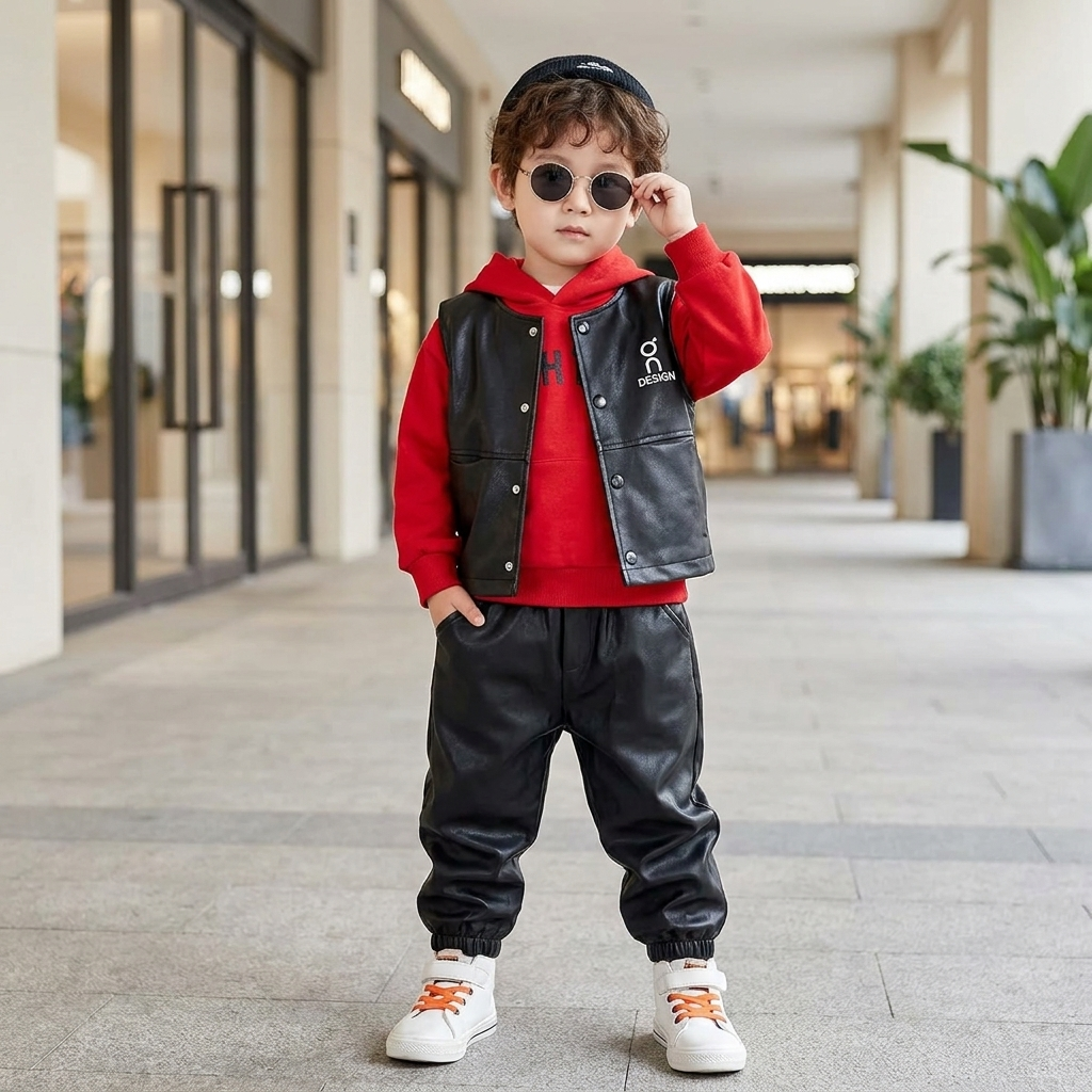 Kids 3-Piece Faux Leather Vest, Hoodie & Trouser Set – 2 Colors | Faba Kids
