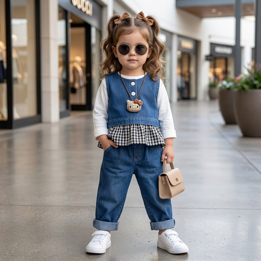 Girls 3-Piece Denim Vest, Shirt & Trouser Set – 2 Colors | Faba Kids