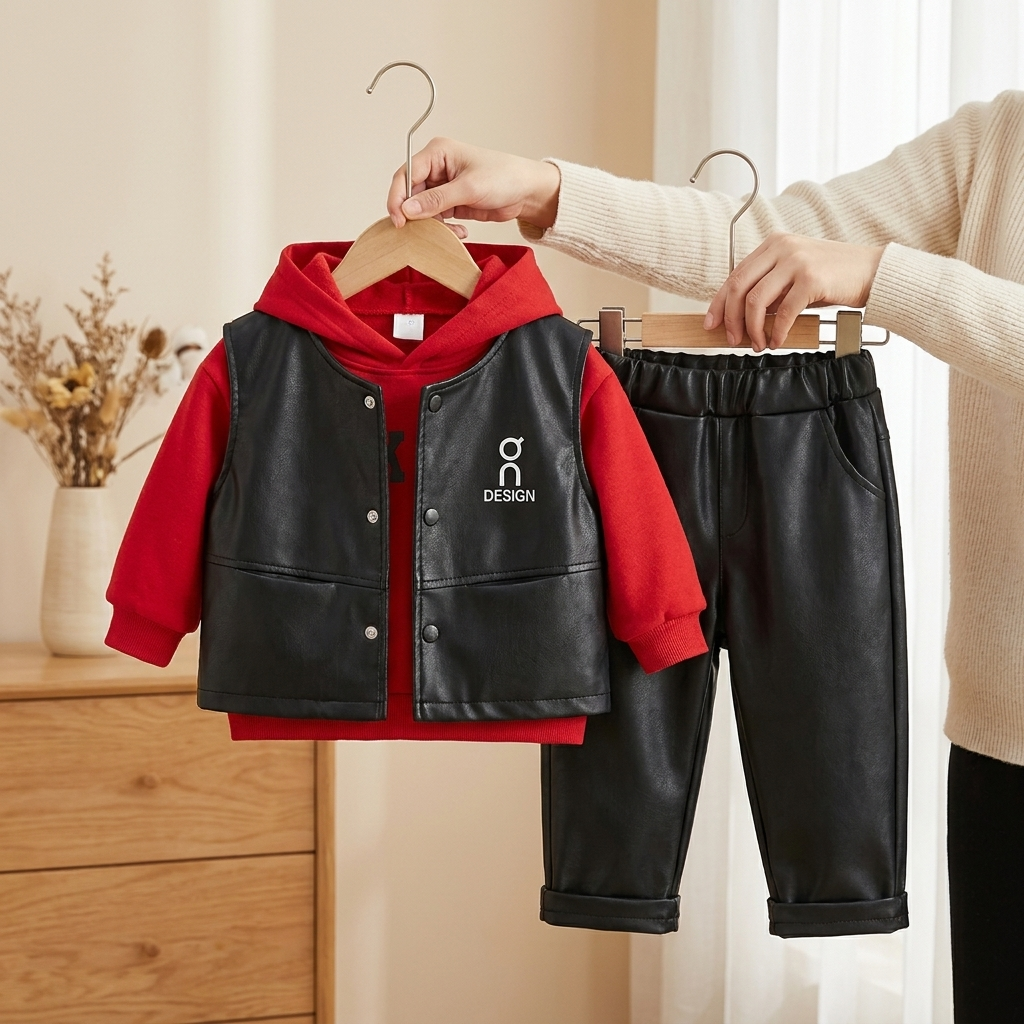 Kids 3-Piece Faux Leather Vest, Hoodie & Trouser Set – 2 Colors | Faba Kids