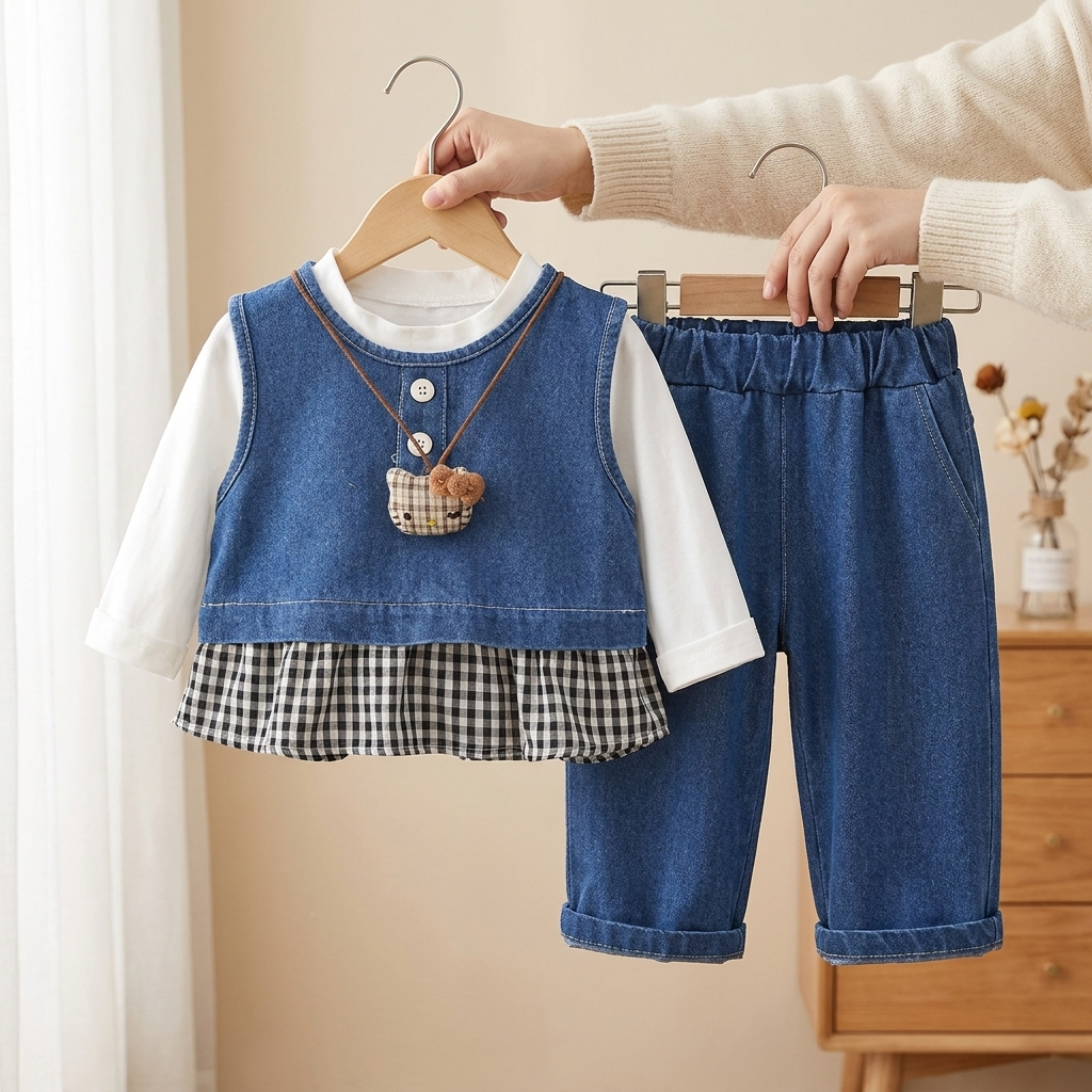 Girls 3-Piece Denim Vest, Shirt & Trouser Set – 2 Colors | Faba Kids