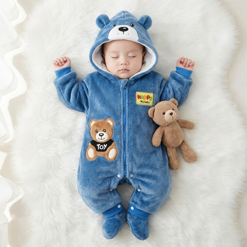Teddy Bear Plush Baby Romper with Detachable Booties – 2 Colors | Faba Kids