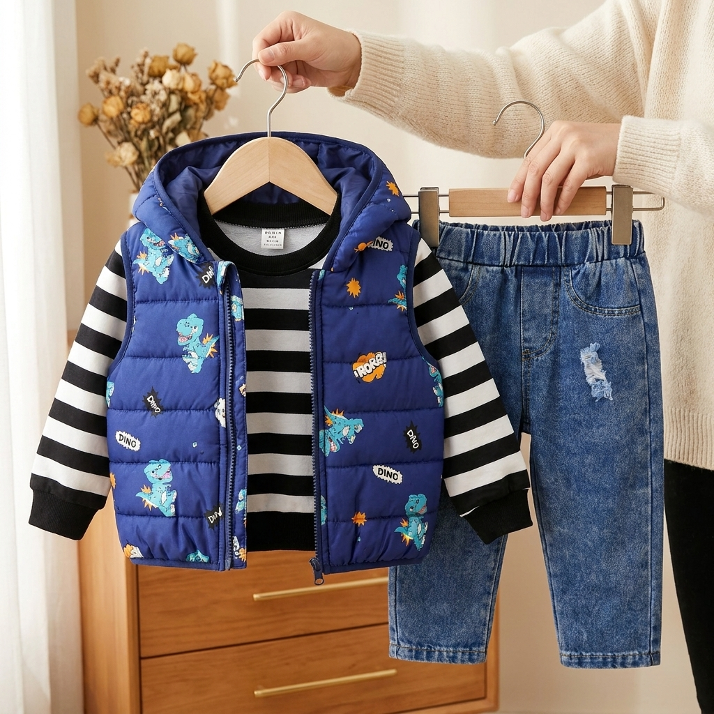 Boys Dino Puffer Vest 3-Piece Set | Faba Kids