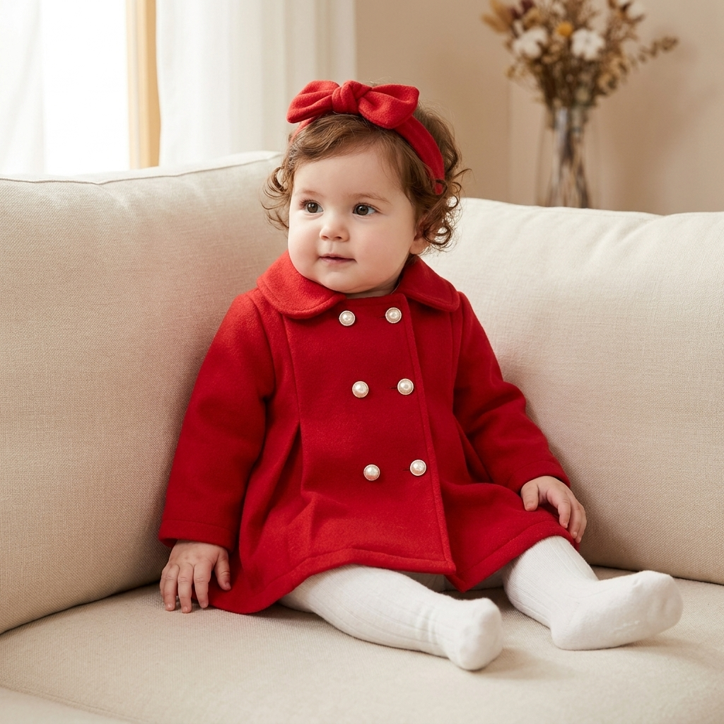 Baby Girl Pearl Button Red Frock Coat | Faba Kids