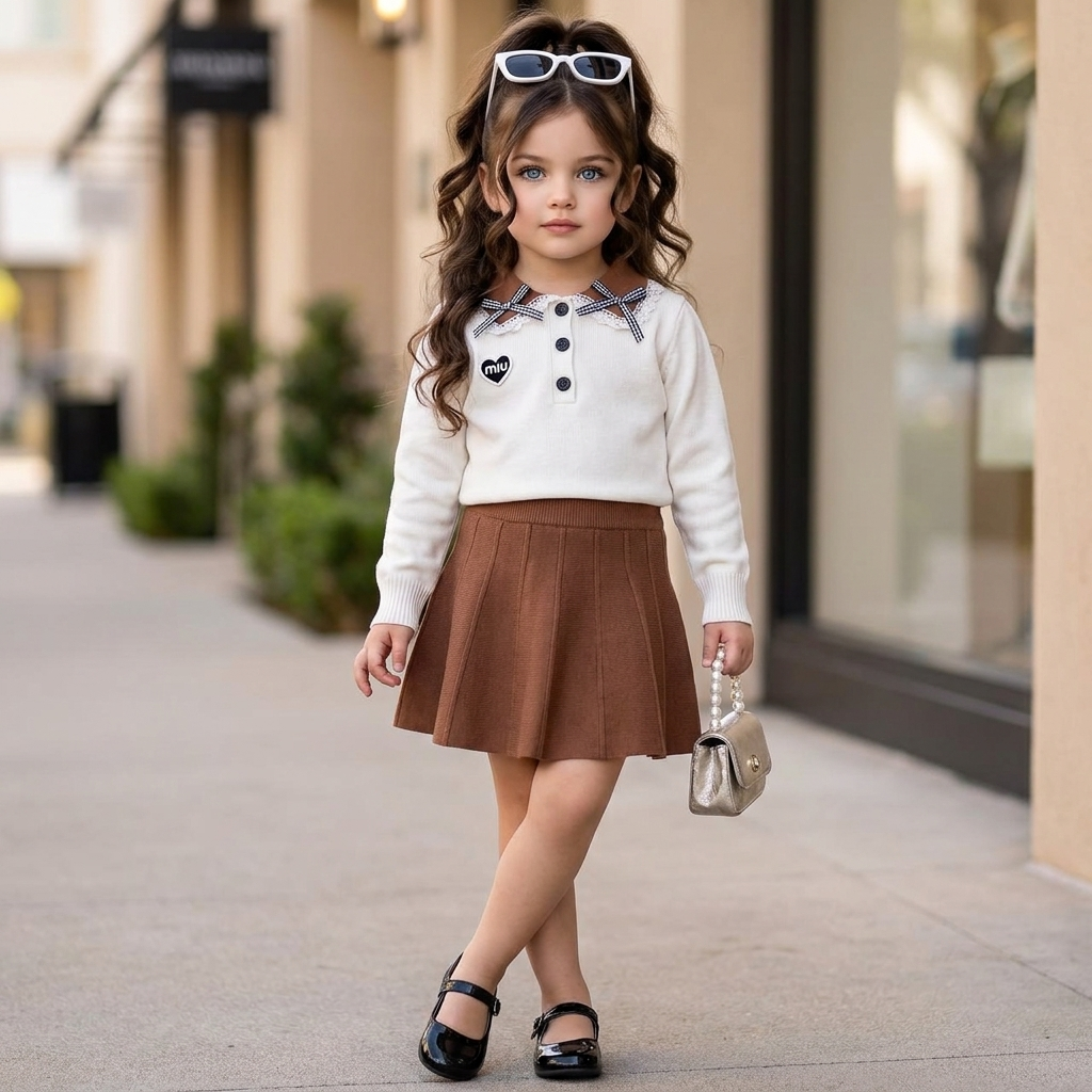 Girls Bow Collar Sweater & Pleated Skirt 2-Piece Set | Faba Kids