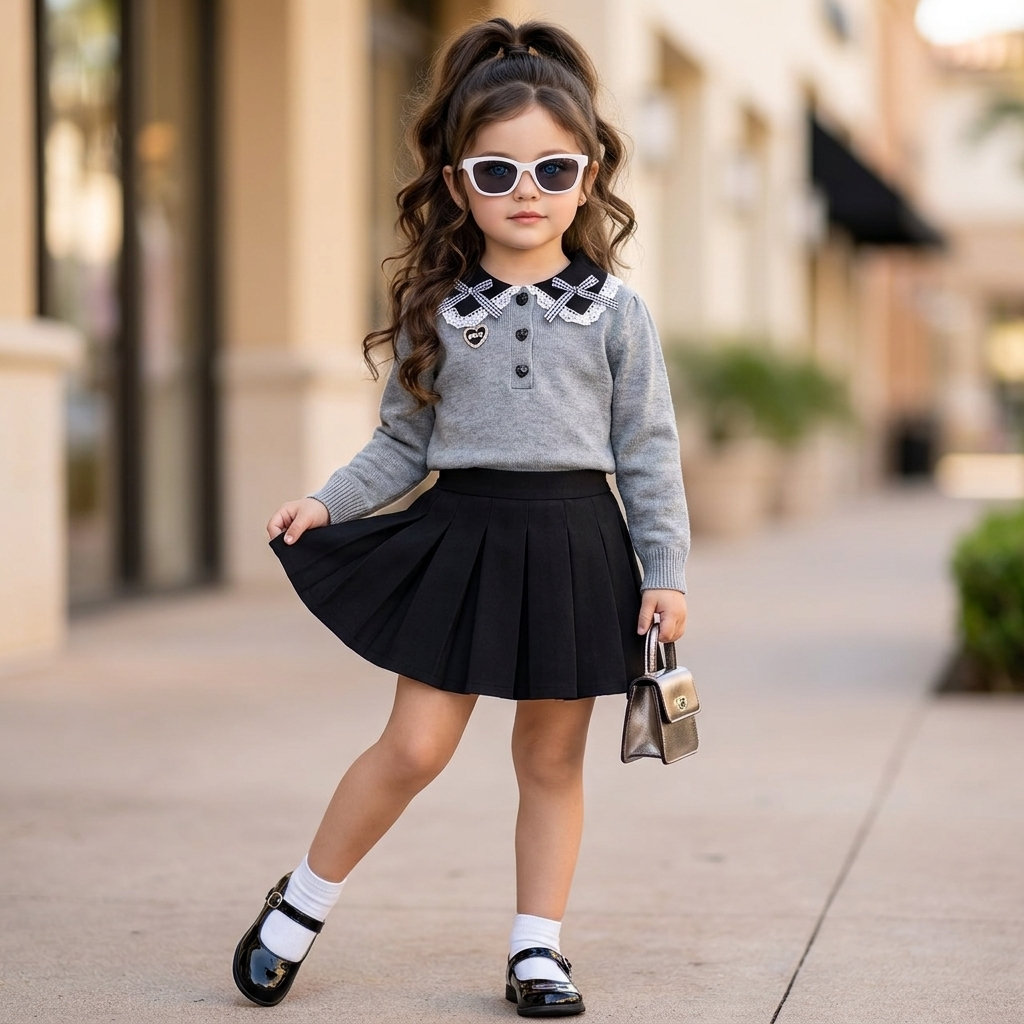Girls Bow Collar Sweater & Pleated Skirt 2-Piece Set | Faba Kids