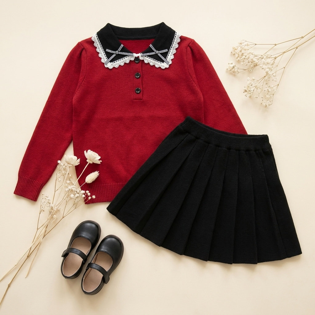 Girls Bow Collar Sweater & Pleated Skirt 2-Piece Set | Faba Kids