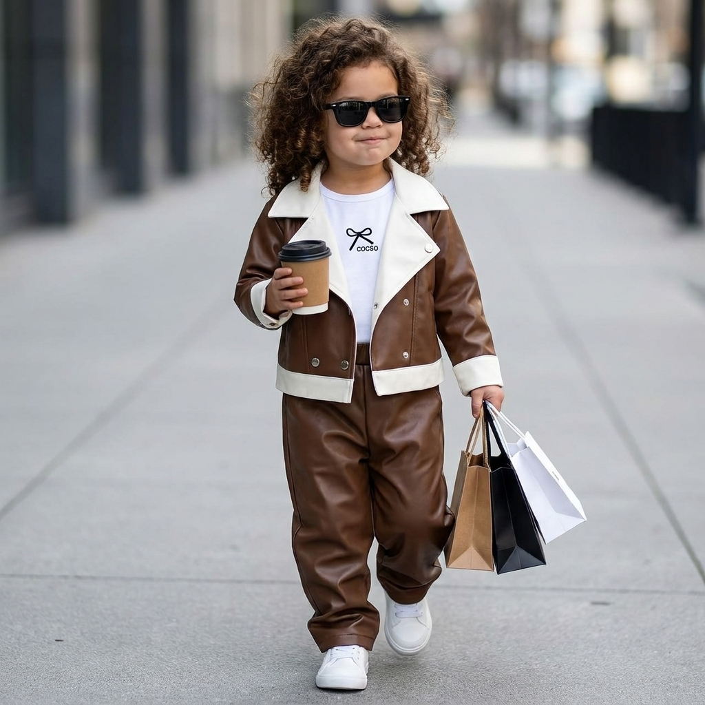 Girls Faux Leather Jacket & Trouser 2-Piece Set | Faba Kids