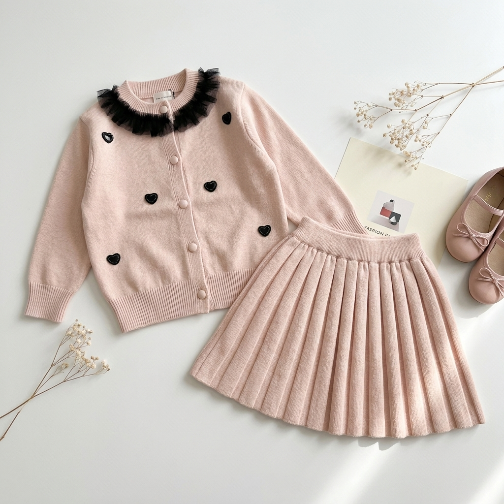 Girls Heart Charm 2-Piece Sweater & Pleated Skirt Set | Faba Kids