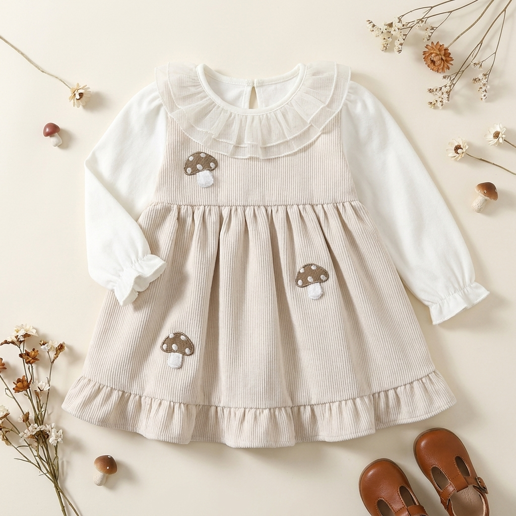 Girls Mushroom Embroidered Corduroy Frock | Faba Kids