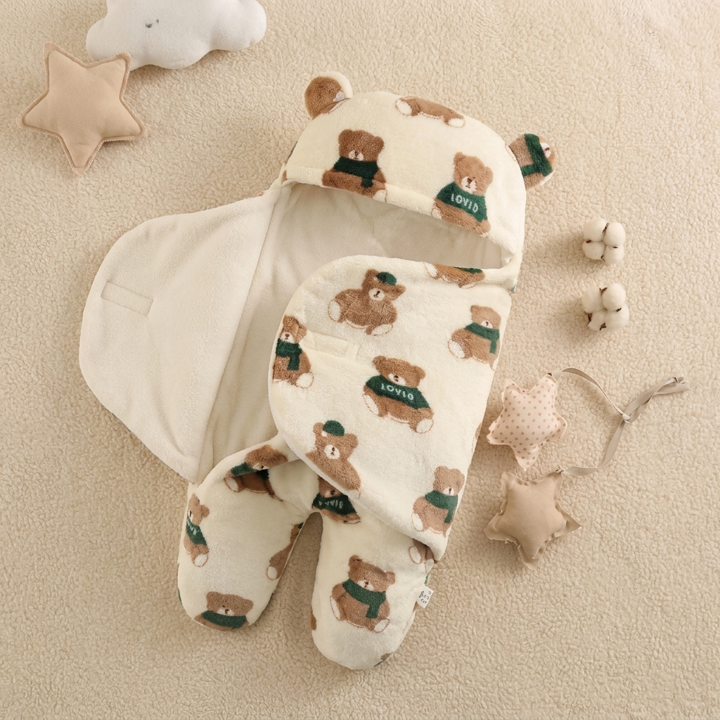 Teddy Bear Plush Hooded Baby Swaddle Wrap | Faba Kids