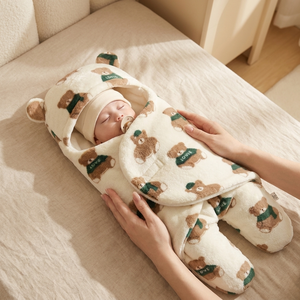 Teddy Bear Plush Hooded Baby Swaddle Wrap | Faba Kids