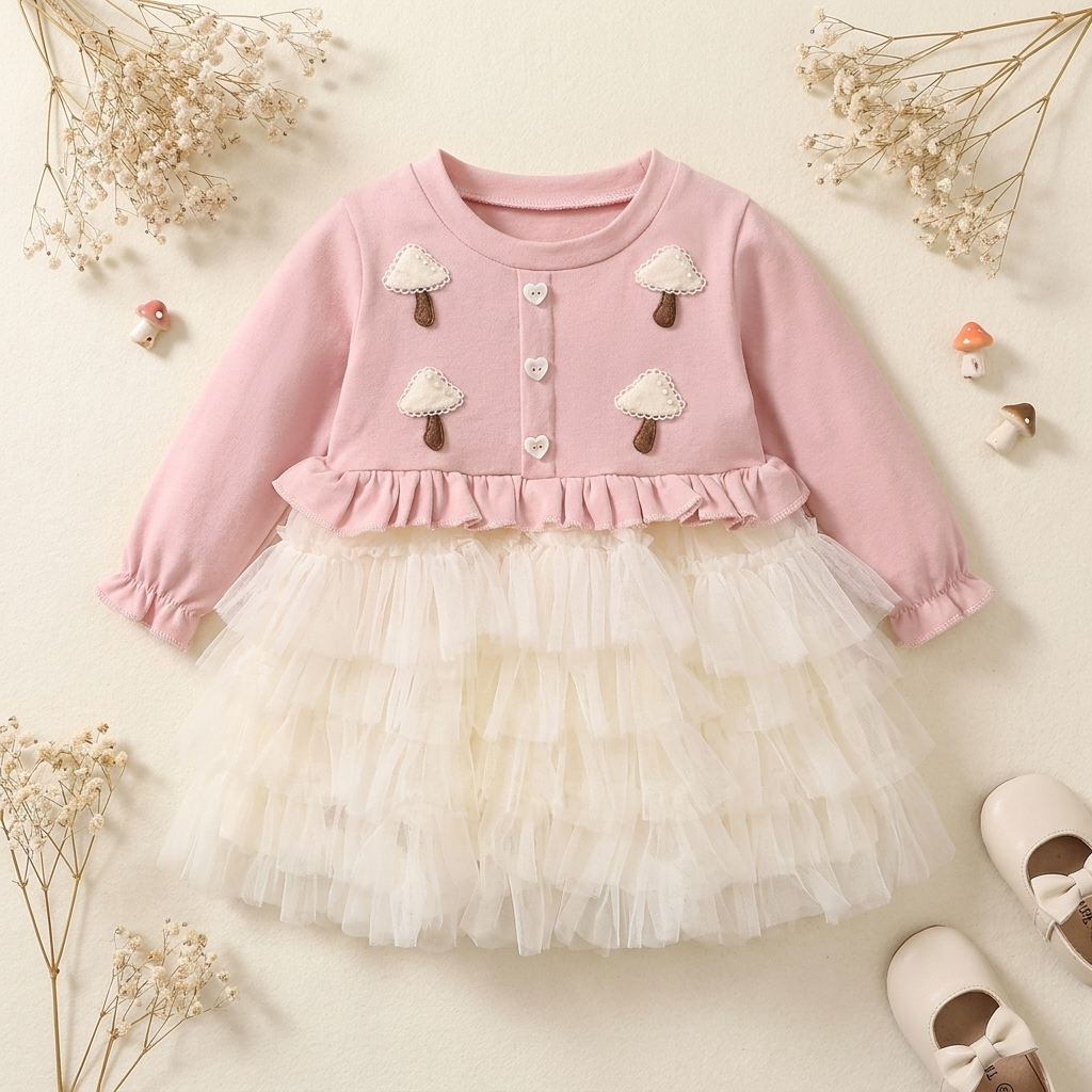 Girls Mushroom Tulle Frock – Pink & Grey | Faba Kids