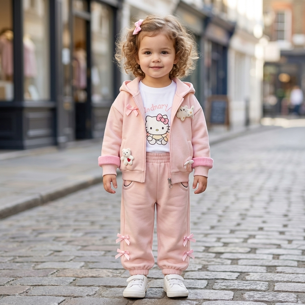 Girls Cute Bow Hoodie 3PC Jacket, Shirt & Trouser Set – 3 Colors | Faba Kids
