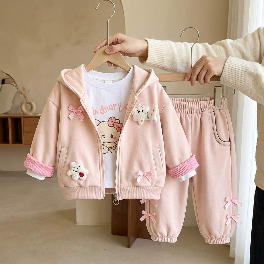 Girls Cute Bow Hoodie 3PC Jacket, Shirt & Trouser Set – 3 Colors | Faba Kids
