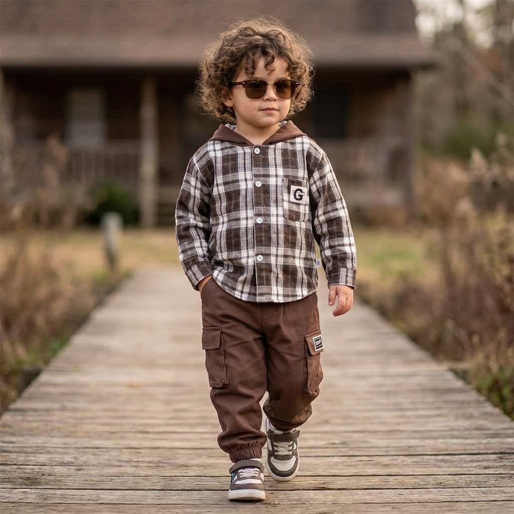 Boys Plaid Hooded Shirt & Cargo Trouser 2PC Set – 3 Colors | Faba Kids