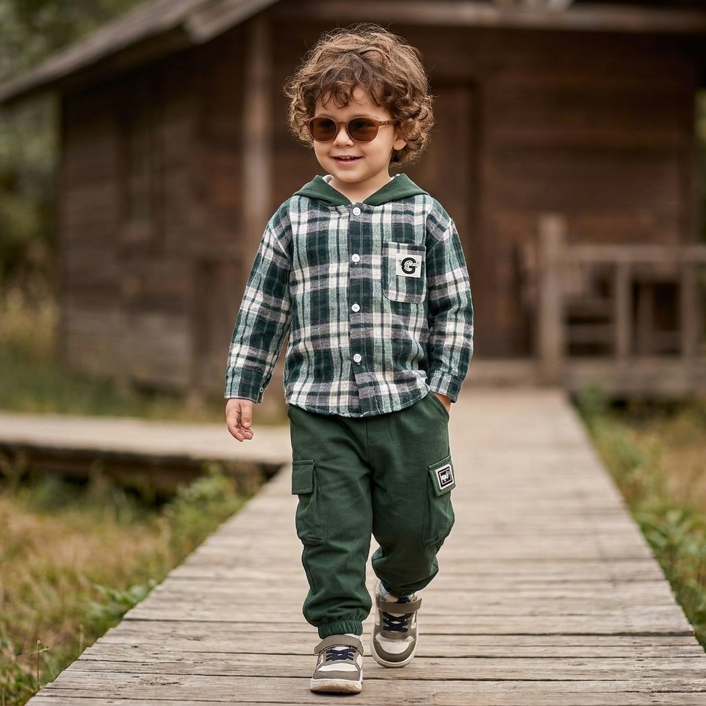 Boys Plaid Hooded Shirt & Cargo Trouser 2PC Set – 3 Colors | Faba Kids