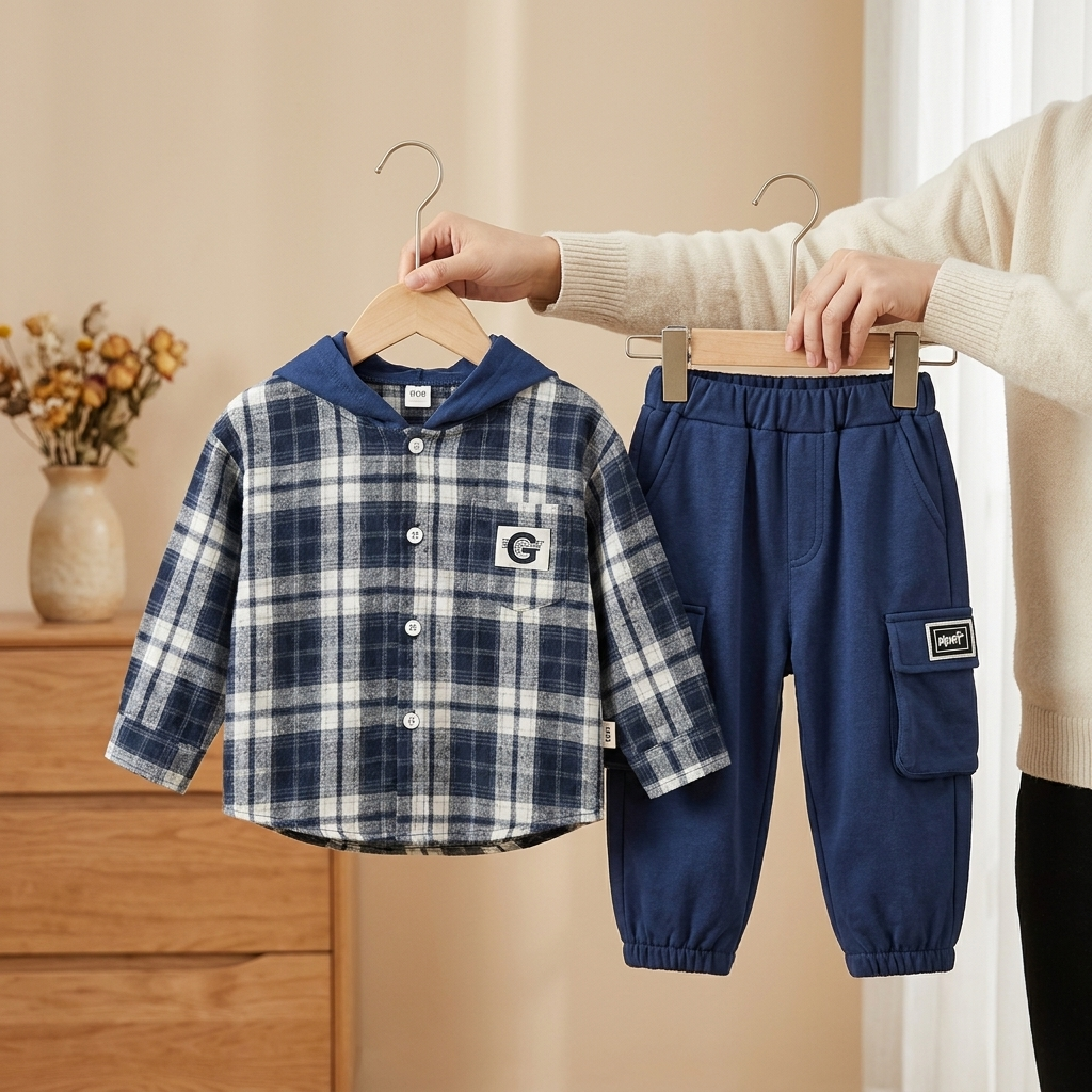 Boys Plaid Hooded Shirt & Cargo Trouser 2PC Set – 3 Colors | Faba Kids
