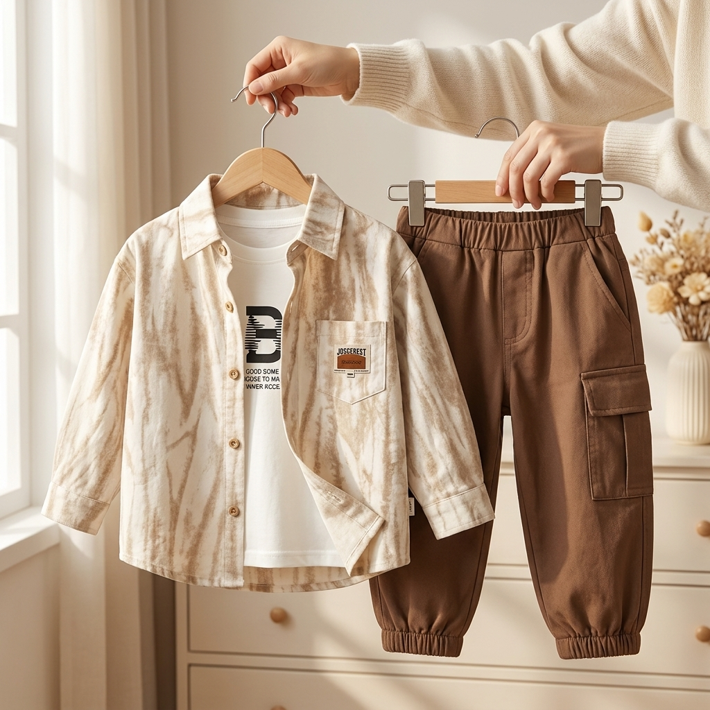 Boys 3PC Printed Shirt, Inner Tee & Cargo Pants Set – 2 Colors | Faba Kids