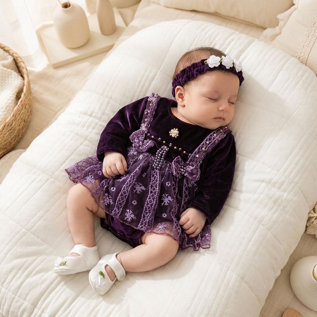 5-Piece Luxury Velvet & Net Baby Girl Frock Set – 3 Colors | Faba Kids