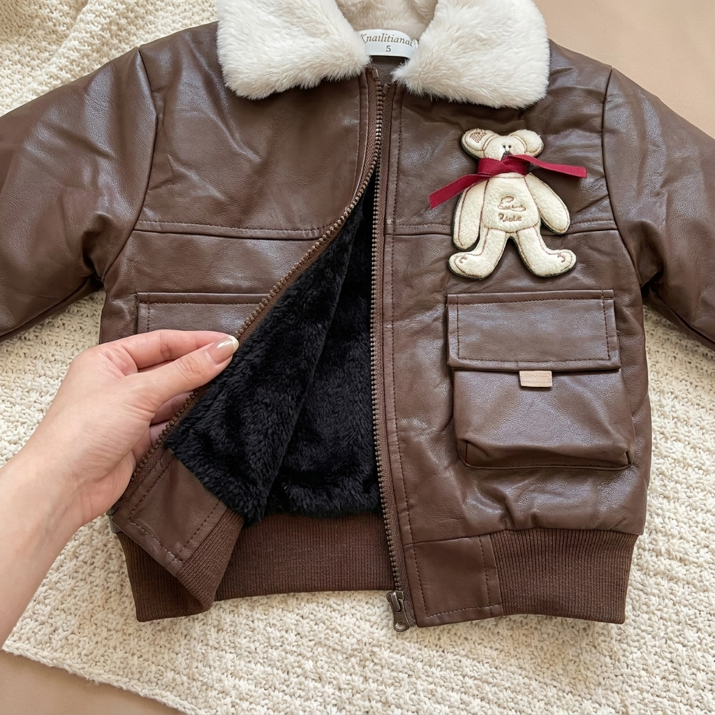 Kids Fur Collar Bear Patch Winter Jacket