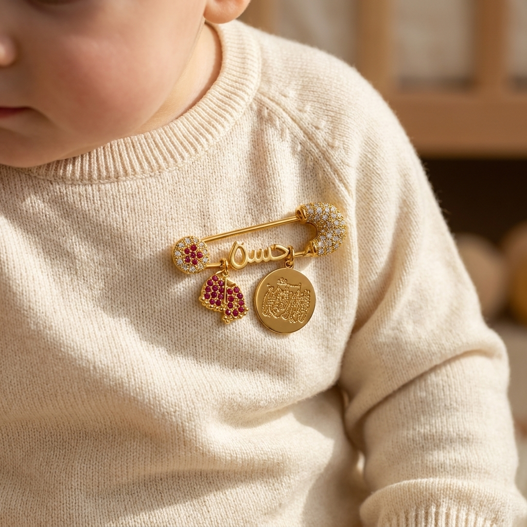 Gold-tone decorative baby brooch worn on a Cream knit top, showing glittering Red stone-look hanging charms and an Arabic-script style centre detail.