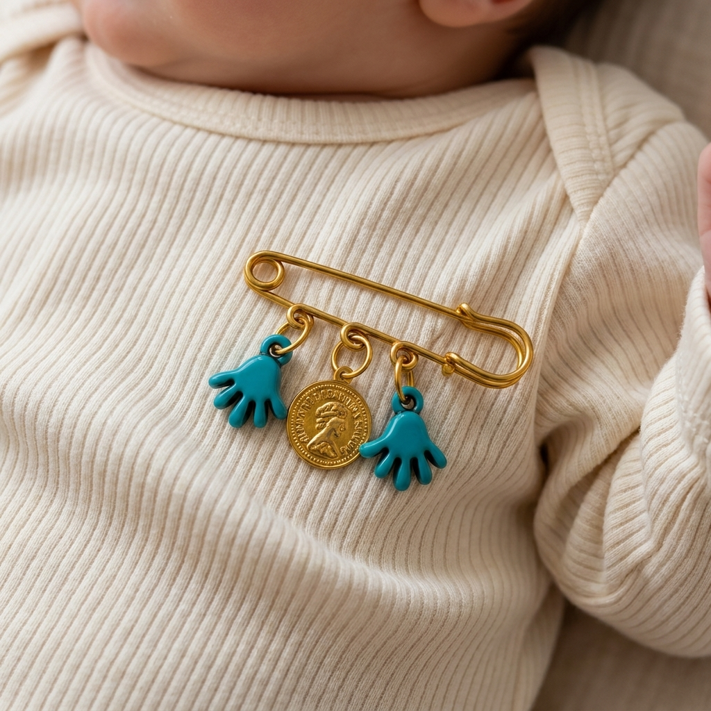 Gold-tone safety pin brooch worn on a Cream ribbed baby top, with Turquoise hand-shaped charms and a centre coin-style pendant.