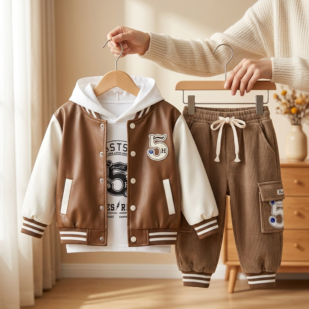 Boys 3PC Varsity Jacket Hoodie & Trouser Set