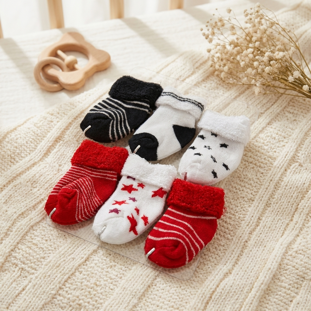 Pack of six patterned newborn socks arranged on a cream knitted blanket, showing red striped socks, black striped socks, white star-print socks and cute face-detail designs.