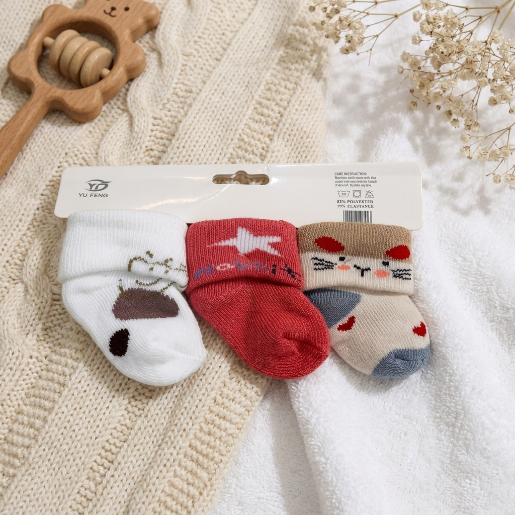 Pack of three baby socks in white, red and beige, featuring a small animal-style print, white bird motif and cat face design.