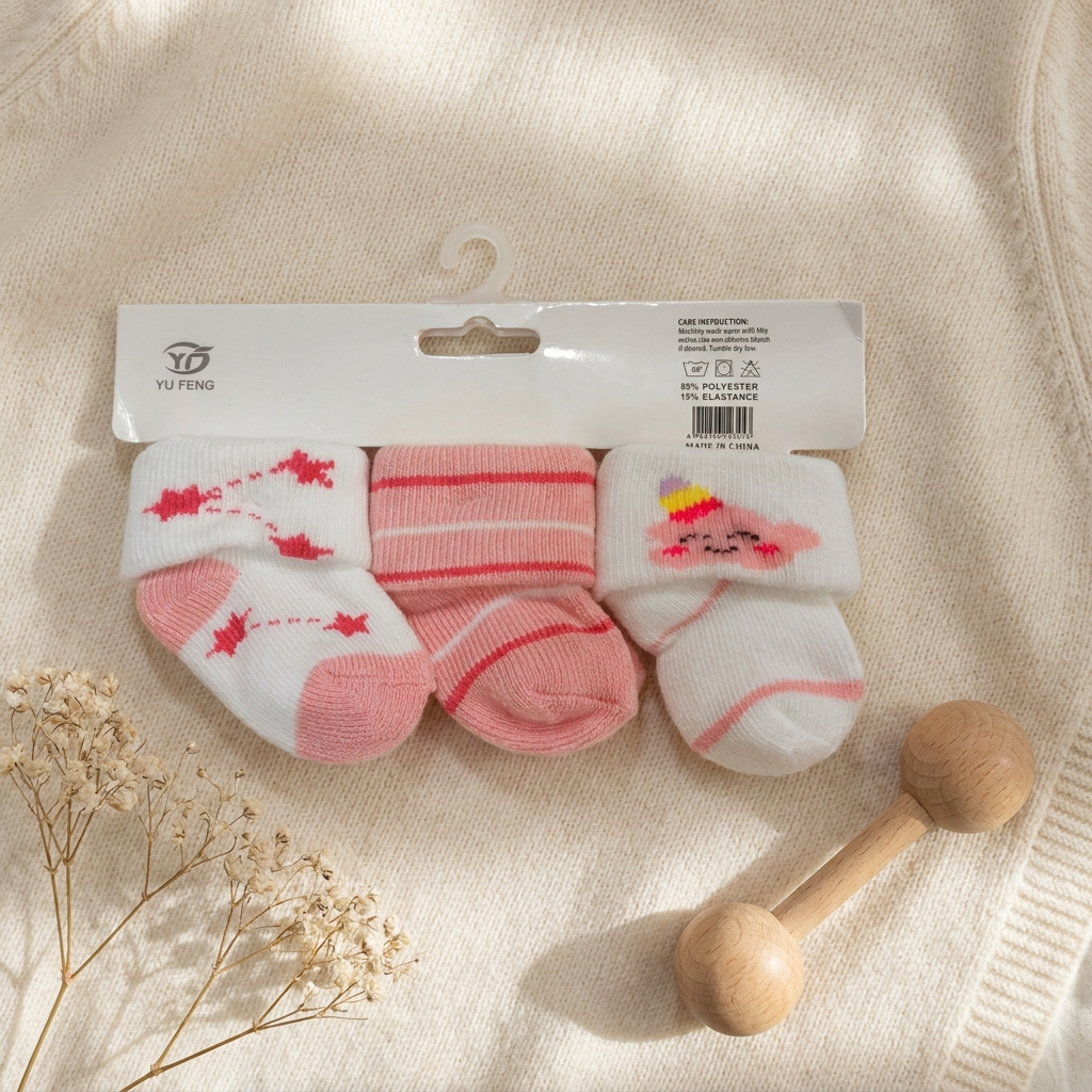 Pack of three pink and white baby socks with bow, striped and cute character knitted designs.
