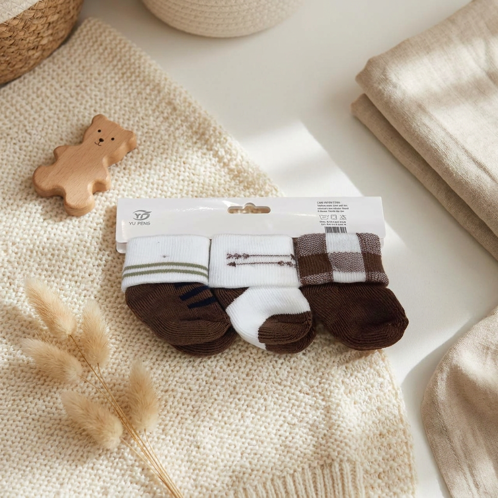 Pack of three brown, white and check-pattern baby socks displayed on a cream knitted blanket.