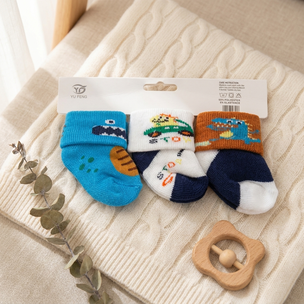 Pack of three blue, white and orange baby socks with colourful dinosaur and vehicle-style knitted motifs.