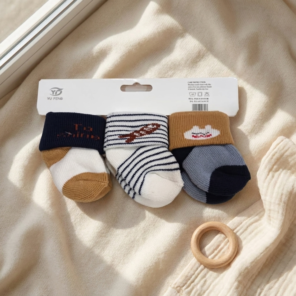 Pack of three navy, white, mustard and grey baby socks featuring striped and small character designs.