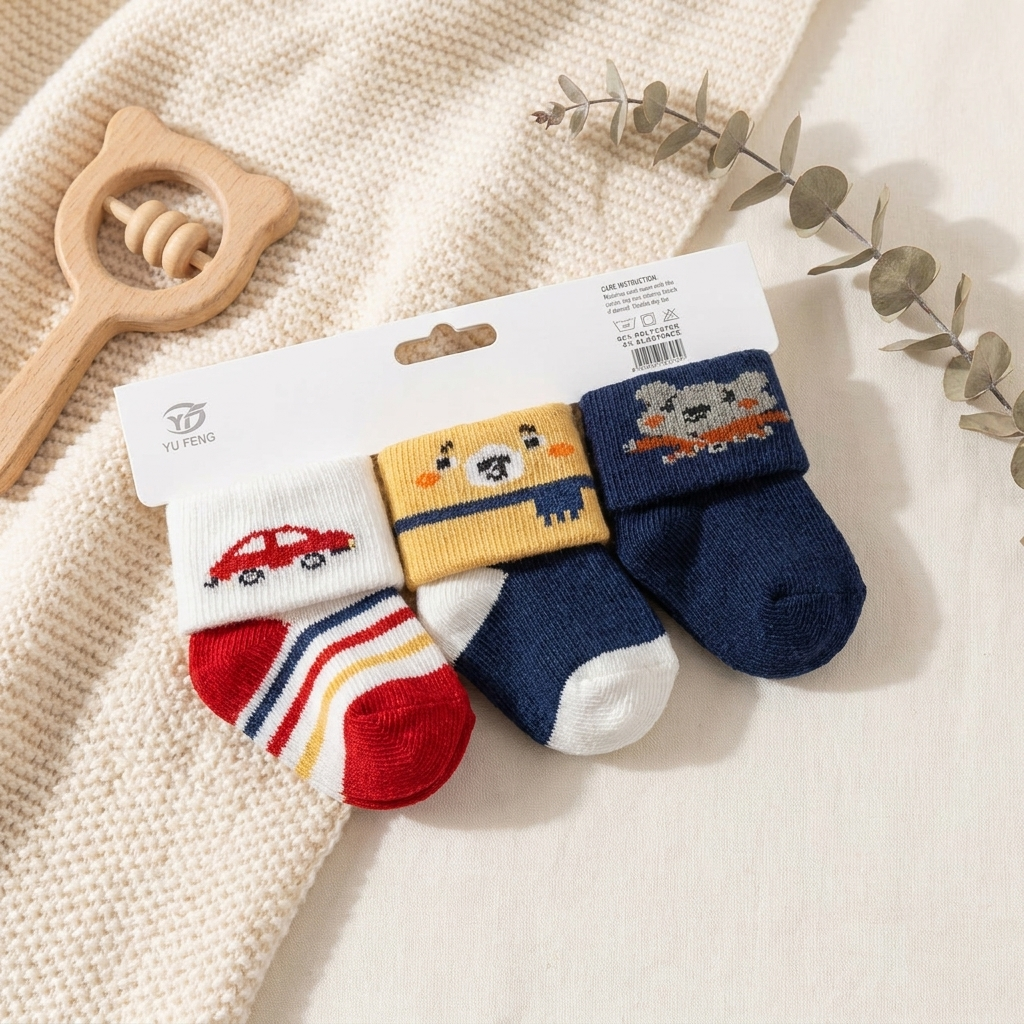 Pack of three baby socks in red, yellow, white and navy with car, animal and striped knitted details.