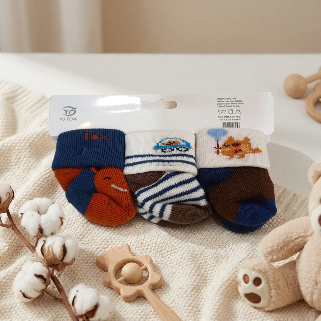 Pack of three navy, white, brown and rust baby socks with vehicle motifs and contrasting heel sections.