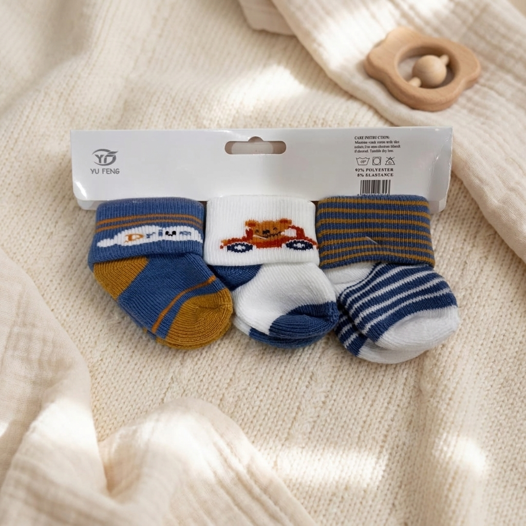 Pack of three blue, mustard, white and navy baby socks with bear-on-car and striped knitted designs.
