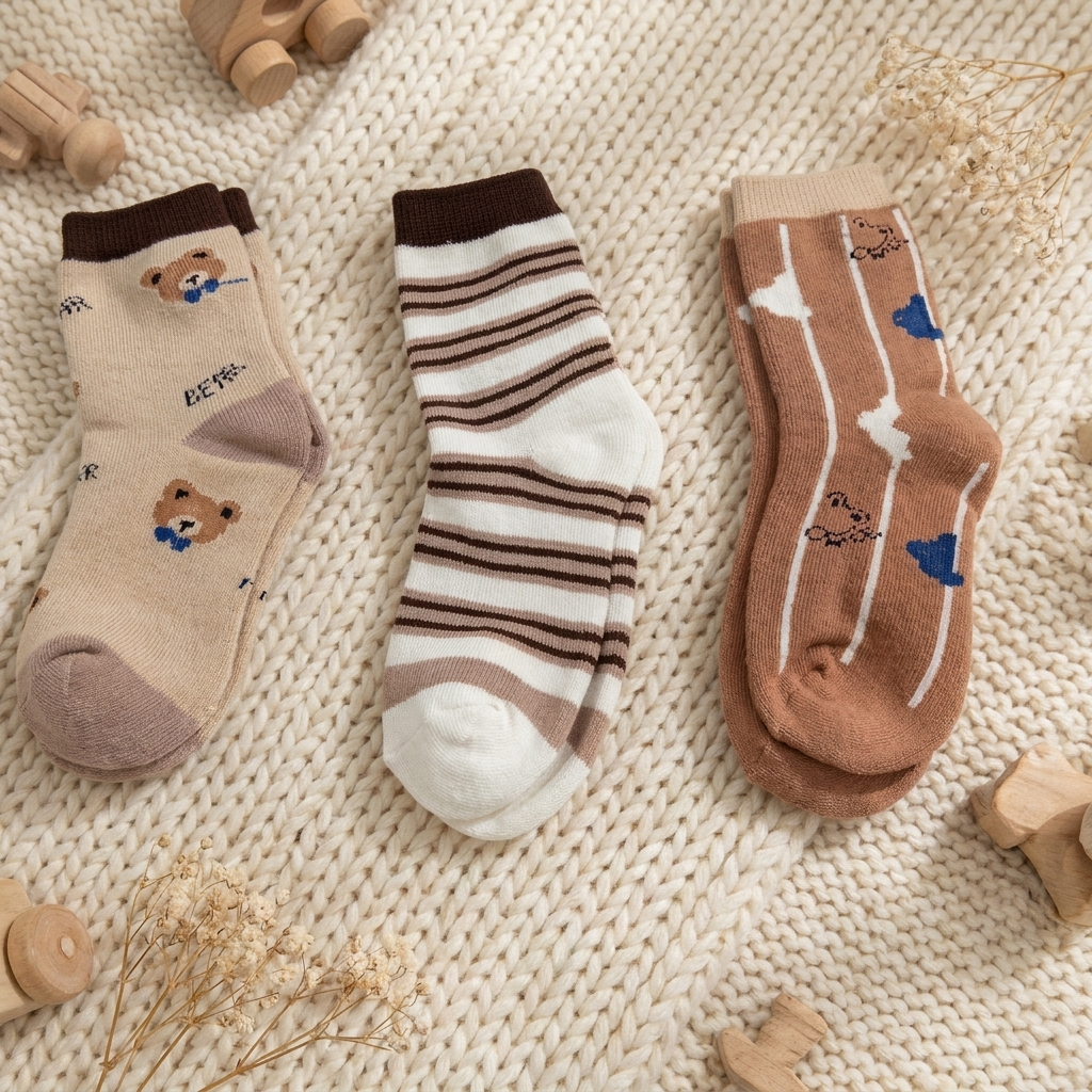 Pack of three kids socks displayed on a cream knitted blanket, featuring beige bear-print, white and brown striped, and warm brown patterned designs.